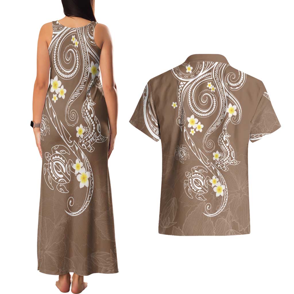 Polynesia Tribal Couples Matching Tank Maxi Dress and Hawaiian Shirt Mocha Plumeria Tentacles LT7 - Polynesian Pride