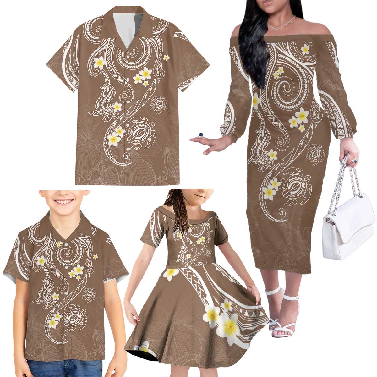 Polynesia Tribal Family Matching Off The Shoulder Long Sleeve Dress and Hawaiian Shirt Mocha Plumeria Tentacles