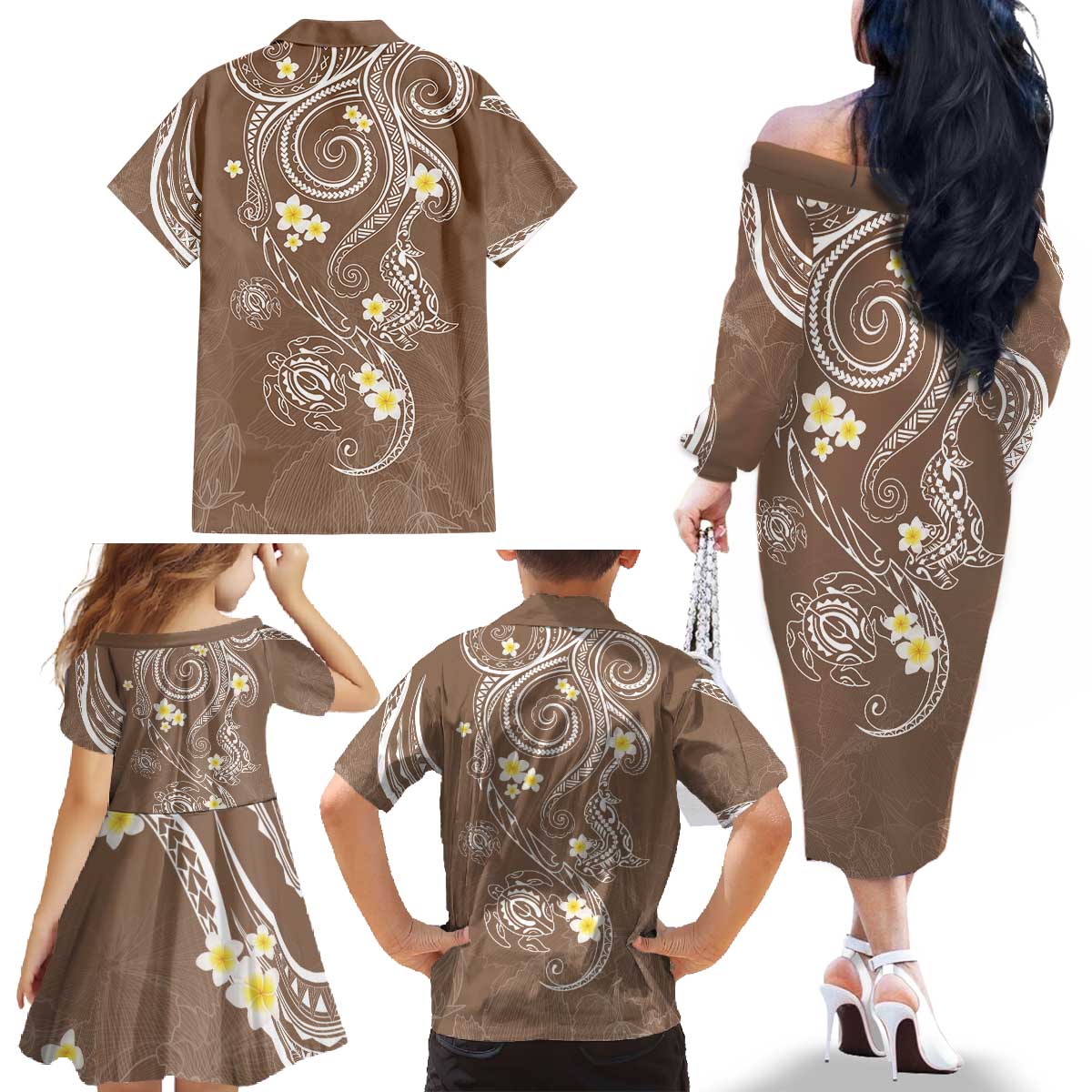 Polynesia Tribal Family Matching Off The Shoulder Long Sleeve Dress and Hawaiian Shirt Mocha Plumeria Tentacles