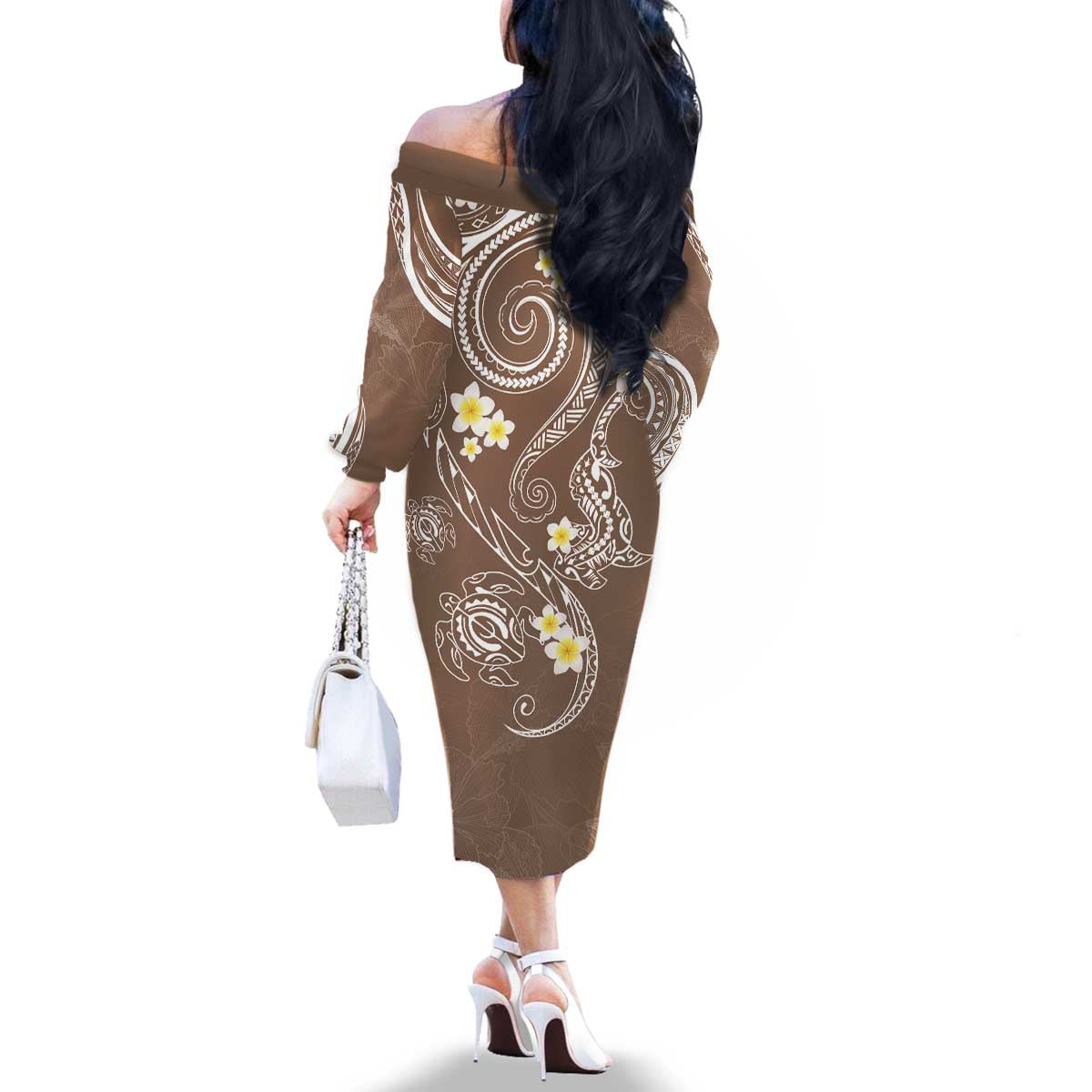 Polynesia Tribal Family Matching Off The Shoulder Long Sleeve Dress and Hawaiian Shirt Mocha Plumeria Tentacles