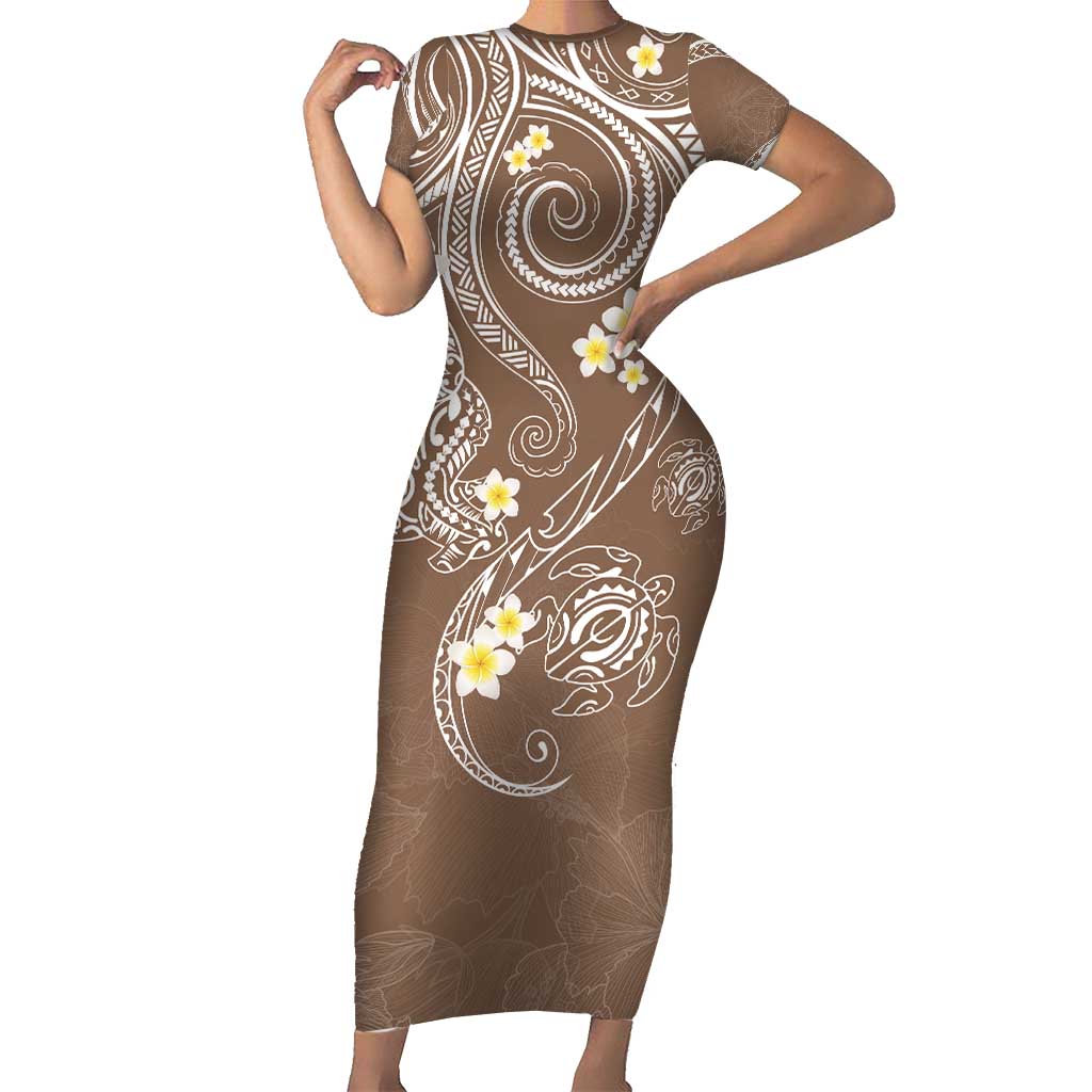 Polynesia Tribal Family Matching Short Sleeve Bodycon Dress and Hawaiian Shirt Mocha Plumeria Tentacles