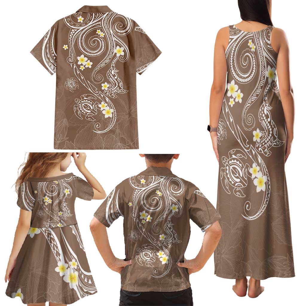 Polynesia Tribal Family Matching Tank Maxi Dress and Hawaiian Shirt Mocha Plumeria Tentacles