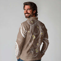 Polynesia Tribal Long Sleeve Polo Shirt Mocha Plumeria Tentacles