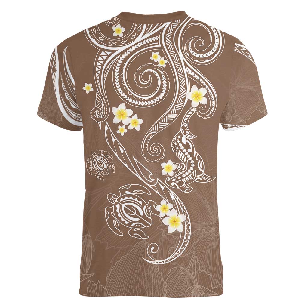 Polynesia Tribal Women V-Neck T-Shirt Mocha Plumeria Tentacles LT7 - Polynesian Pride