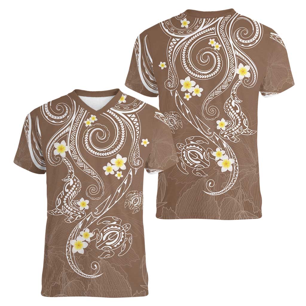 Polynesia Tribal Women V-Neck T-Shirt Mocha Plumeria Tentacles LT7 - Polynesian Pride