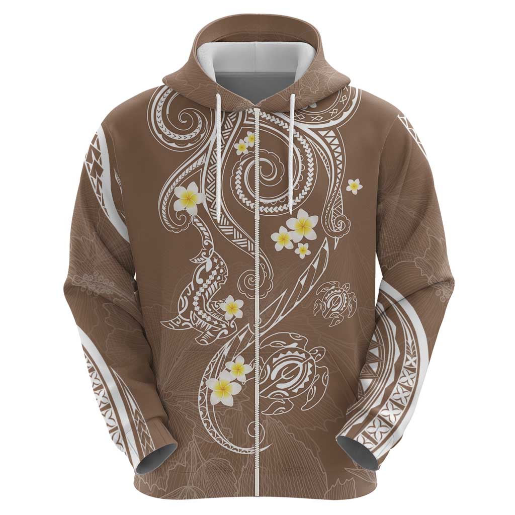 Polynesia Tribal Zip Hoodie Mocha Plumeria Tentacles