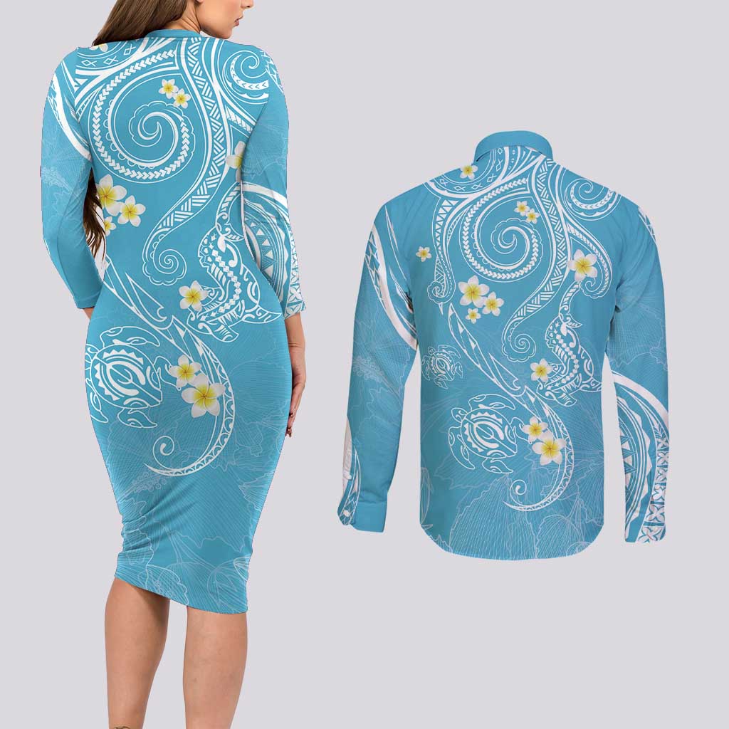 Polynesia Tribal Couples Matching Long Sleeve Bodycon Dress and Long Sleeve Button Shirt Turquoise Plumeria Tentacles LT7 - Polynesian Pride