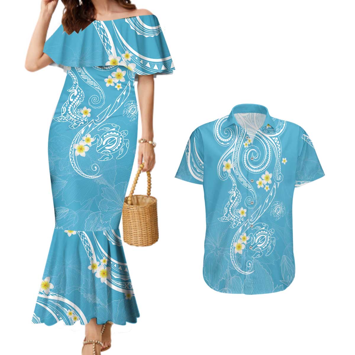 Polynesia Tribal Couples Matching Mermaid Dress and Hawaiian Shirt Turquoise Plumeria Tentacles LT7 Turquoise - Polynesian Pride