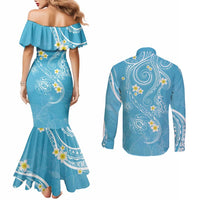 Polynesia Tribal Couples Matching Mermaid Dress and Long Sleeve Button Shirt Turquoise Plumeria Tentacles LT7 - Polynesian Pride