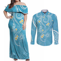 Polynesia Tribal Couples Matching Off Shoulder Maxi Dress and Long Sleeve Button Shirt Turquoise Plumeria Tentacles LT7 Turquoise - Polynesian Pride