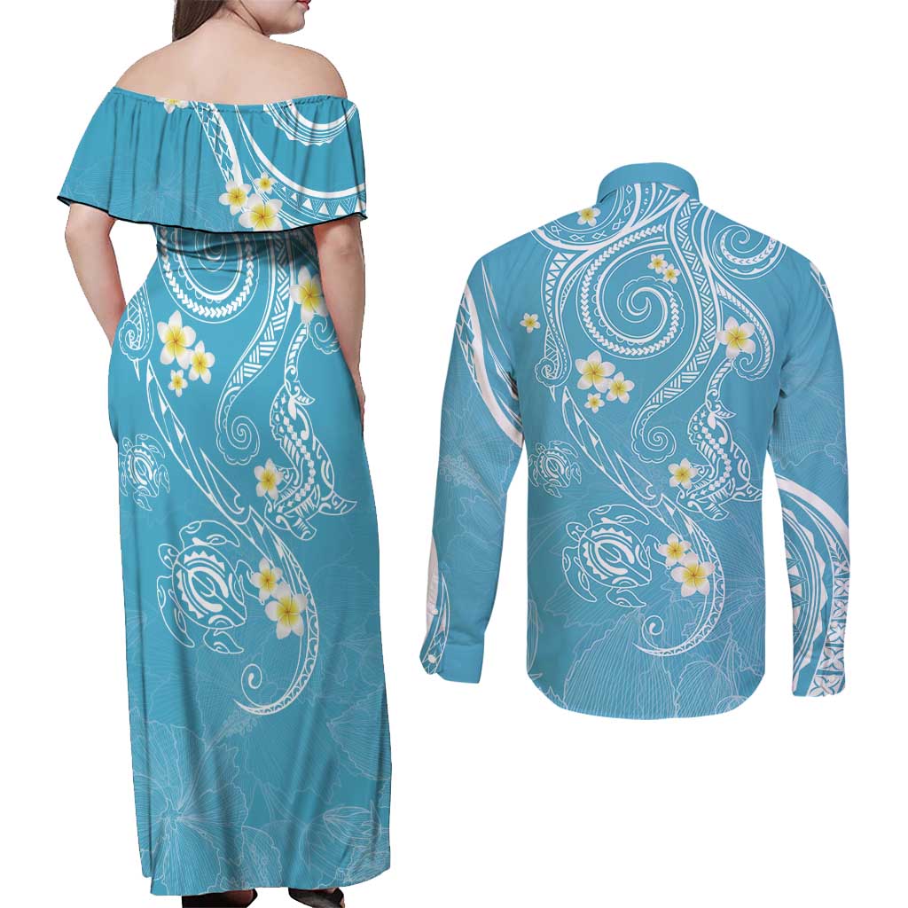 Polynesia Tribal Couples Matching Off Shoulder Maxi Dress and Long Sleeve Button Shirt Turquoise Plumeria Tentacles LT7 - Polynesian Pride