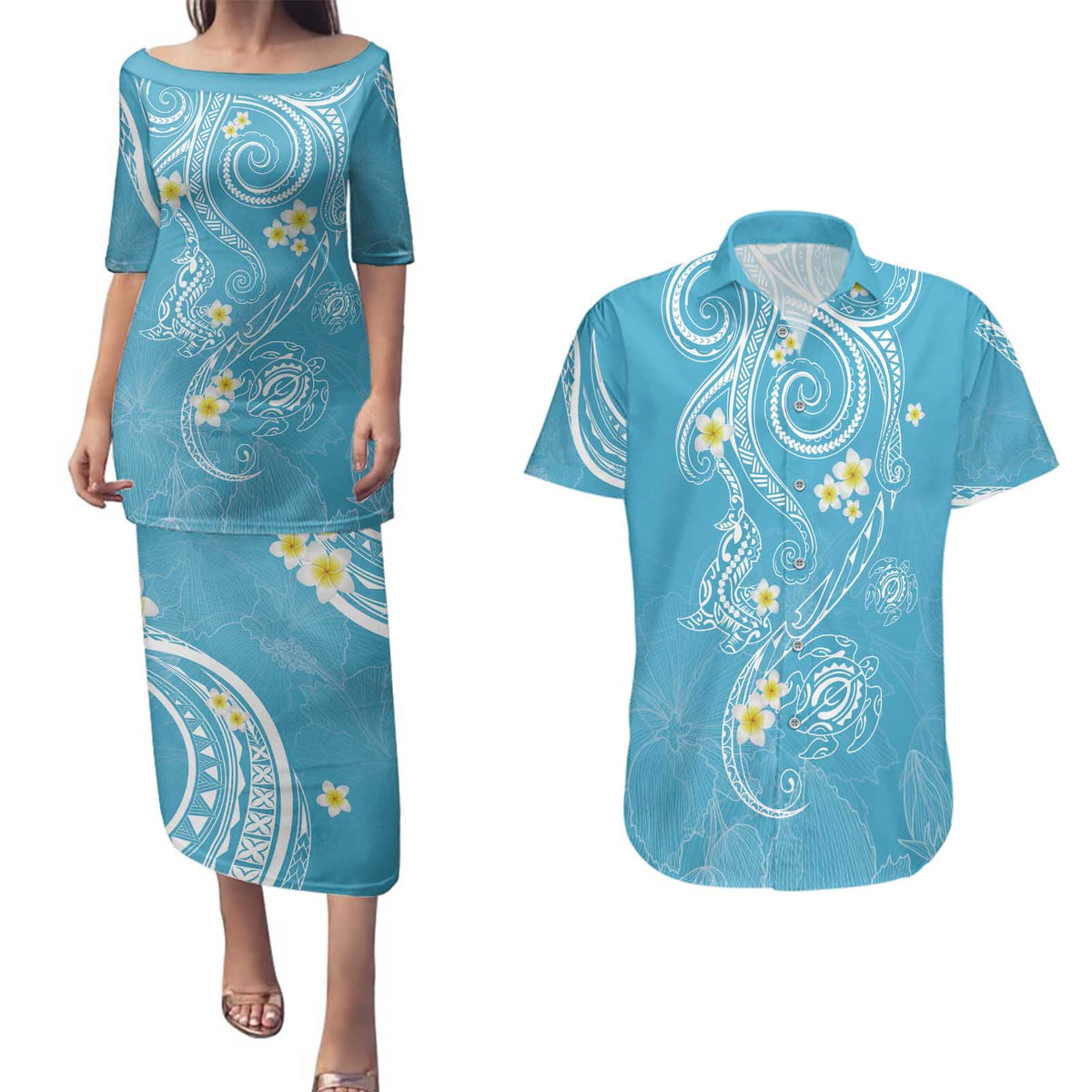Polynesia Tribal Couples Matching Puletasi and Hawaiian Shirt Turquoise Plumeria Tentacles LT7 Turquoise - Polynesian Pride