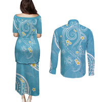 Polynesia Tribal Couples Matching Puletasi and Long Sleeve Button Shirt Turquoise Plumeria Tentacles LT7 - Polynesian Pride