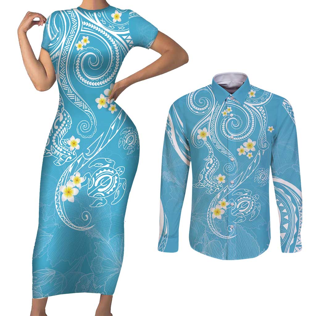 Polynesia Tribal Couples Matching Short Sleeve Bodycon Dress and Long Sleeve Button Shirt Turquoise Plumeria Tentacles LT7 Turquoise - Polynesian Pride