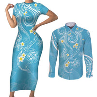 Polynesia Tribal Couples Matching Short Sleeve Bodycon Dress and Long Sleeve Button Shirt Turquoise Plumeria Tentacles LT7 Turquoise - Polynesian Pride