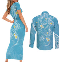Polynesia Tribal Couples Matching Short Sleeve Bodycon Dress and Long Sleeve Button Shirt Turquoise Plumeria Tentacles LT7 - Polynesian Pride