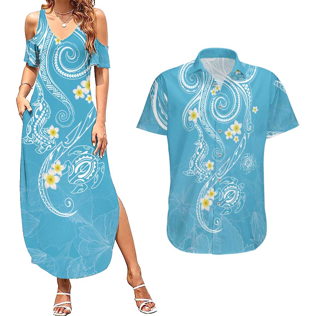 Polynesia Tribal Couples Matching Summer Maxi Dress and Hawaiian Shirt Turquoise Plumeria Tentacles LT7 Turquoise - Polynesian Pride