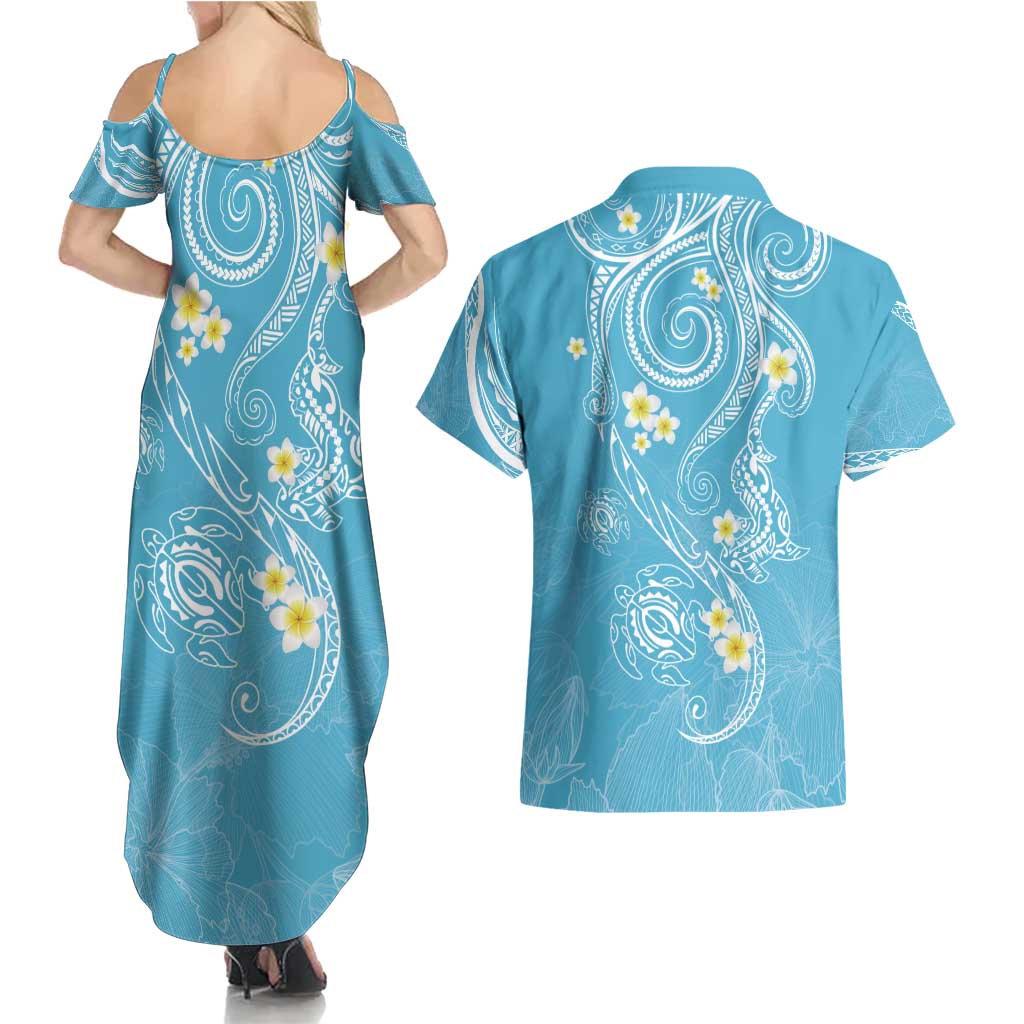 Polynesia Tribal Couples Matching Summer Maxi Dress and Hawaiian Shirt Turquoise Plumeria Tentacles LT7 - Polynesian Pride