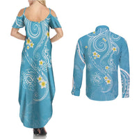 Polynesia Tribal Couples Matching Summer Maxi Dress and Long Sleeve Button Shirt Turquoise Plumeria Tentacles LT7 - Polynesian Pride