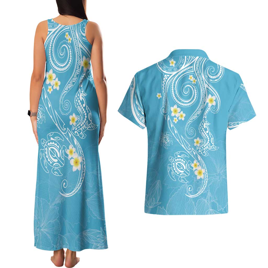 Polynesia Tribal Couples Matching Tank Maxi Dress and Hawaiian Shirt Turquoise Plumeria Tentacles LT7 - Polynesian Pride