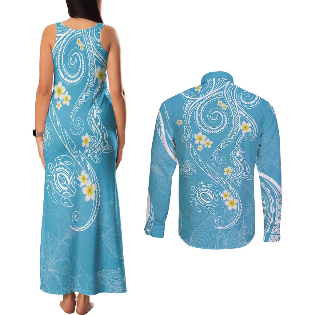 Polynesia Tribal Couples Matching Tank Maxi Dress and Long Sleeve Button Shirt Turquoise Plumeria Tentacles LT7 - Polynesian Pride
