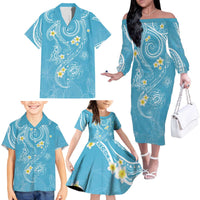 Polynesia Tribal Family Matching Off The Shoulder Long Sleeve Dress and Hawaiian Shirt Turquoise Plumeria Tentacles