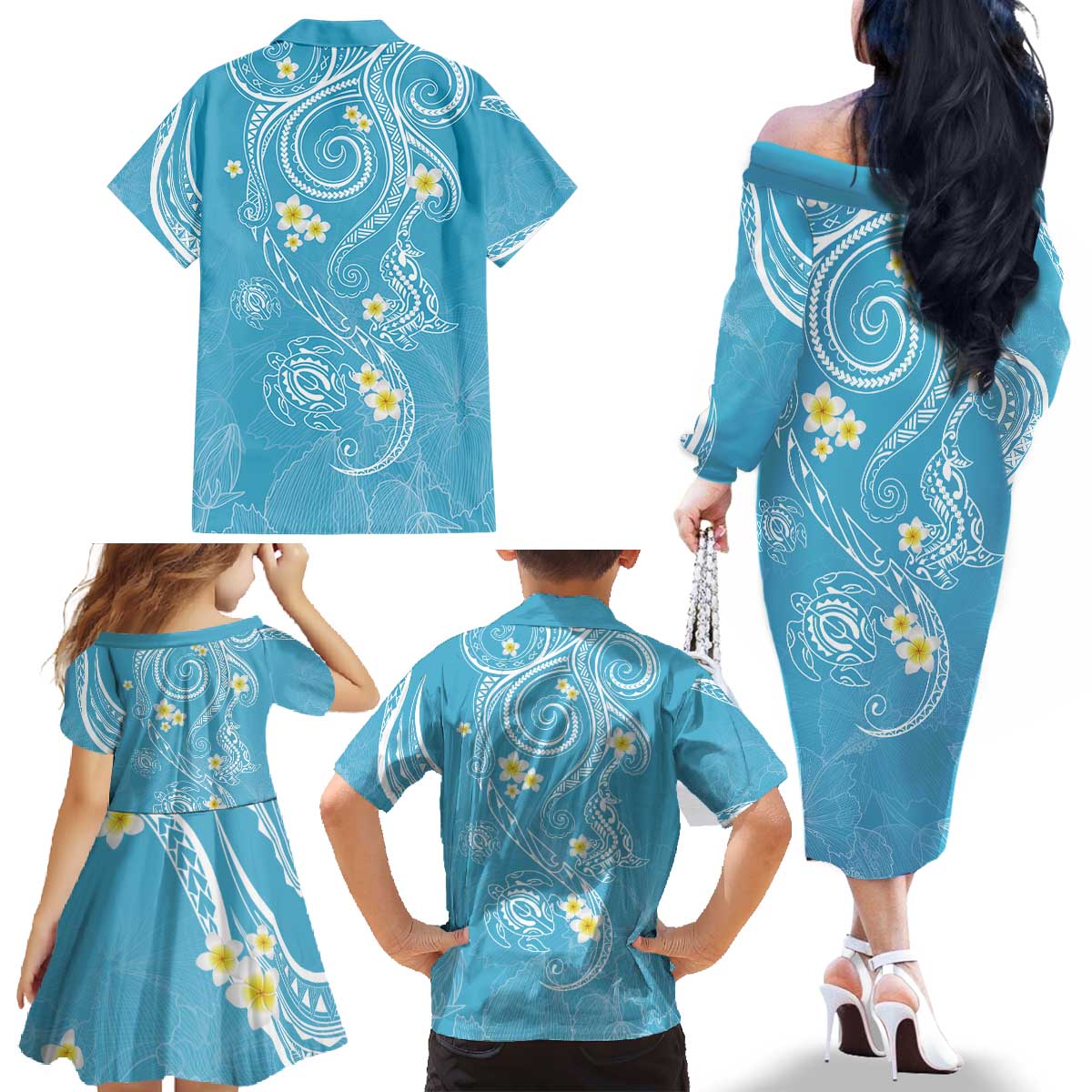 Polynesia Tribal Family Matching Off The Shoulder Long Sleeve Dress and Hawaiian Shirt Turquoise Plumeria Tentacles
