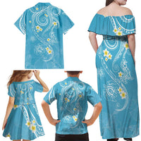 Polynesia Tribal Family Matching Off Shoulder Maxi Dress and Hawaiian Shirt Turquoise Plumeria Tentacles