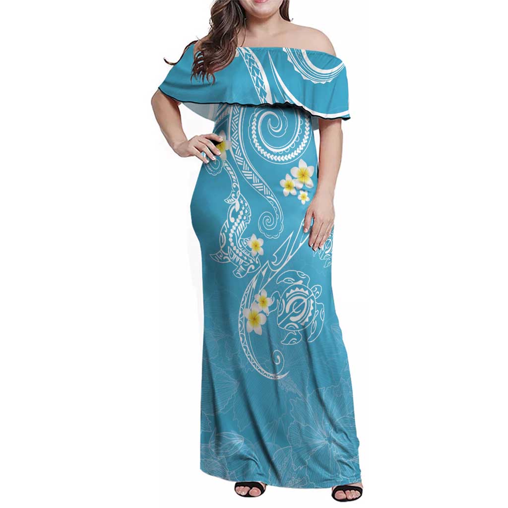 Polynesia Tribal Family Matching Off Shoulder Maxi Dress and Hawaiian Shirt Turquoise Plumeria Tentacles