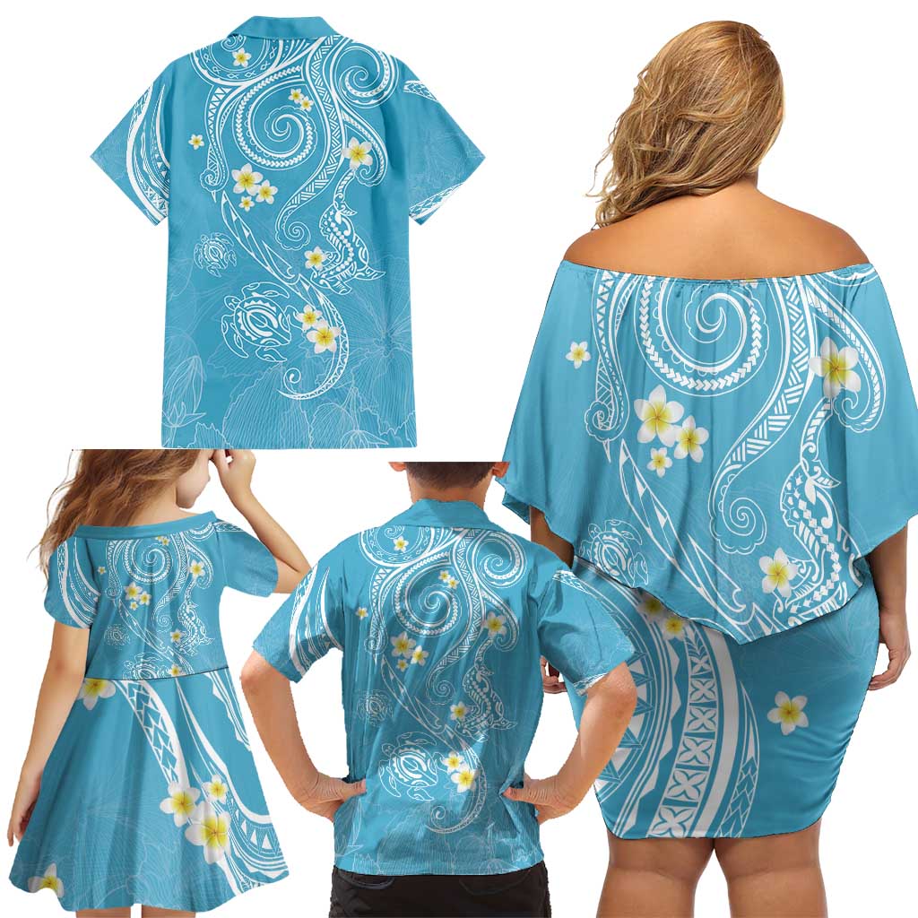 Polynesia Tribal Family Matching Off Shoulder Short Dress and Hawaiian Shirt Turquoise Plumeria Tentacles