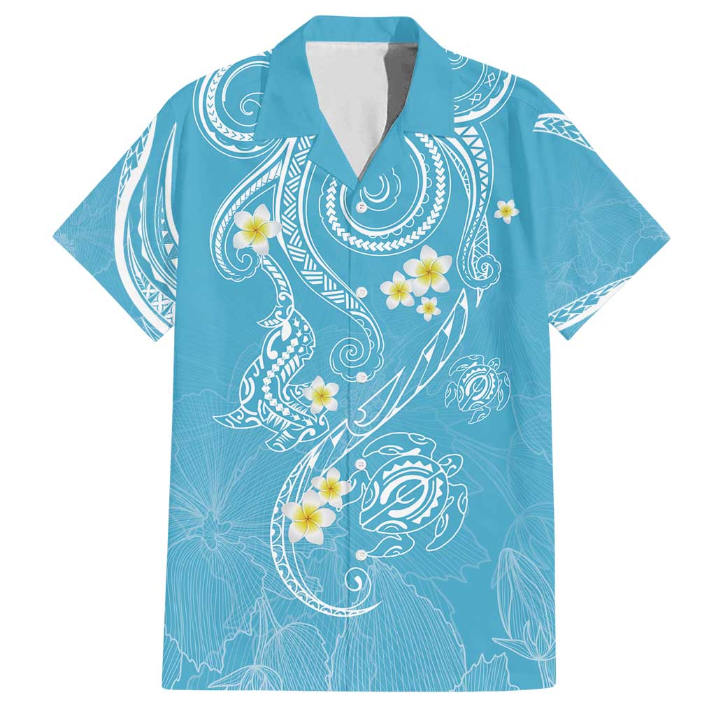 Polynesia Tribal Family Matching Off Shoulder Short Dress and Hawaiian Shirt Turquoise Plumeria Tentacles