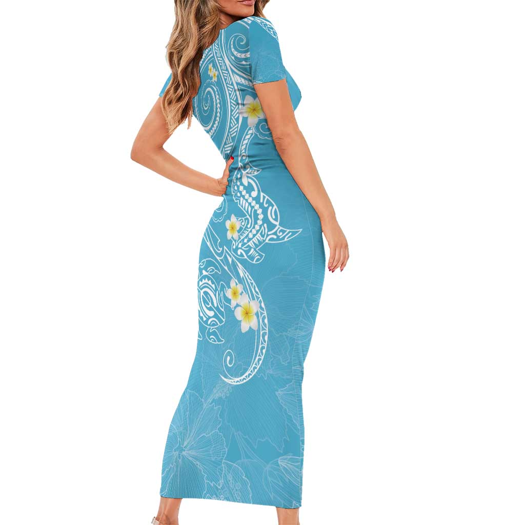 Polynesia Tribal Family Matching Short Sleeve Bodycon Dress and Hawaiian Shirt Turquoise Plumeria Tentacles