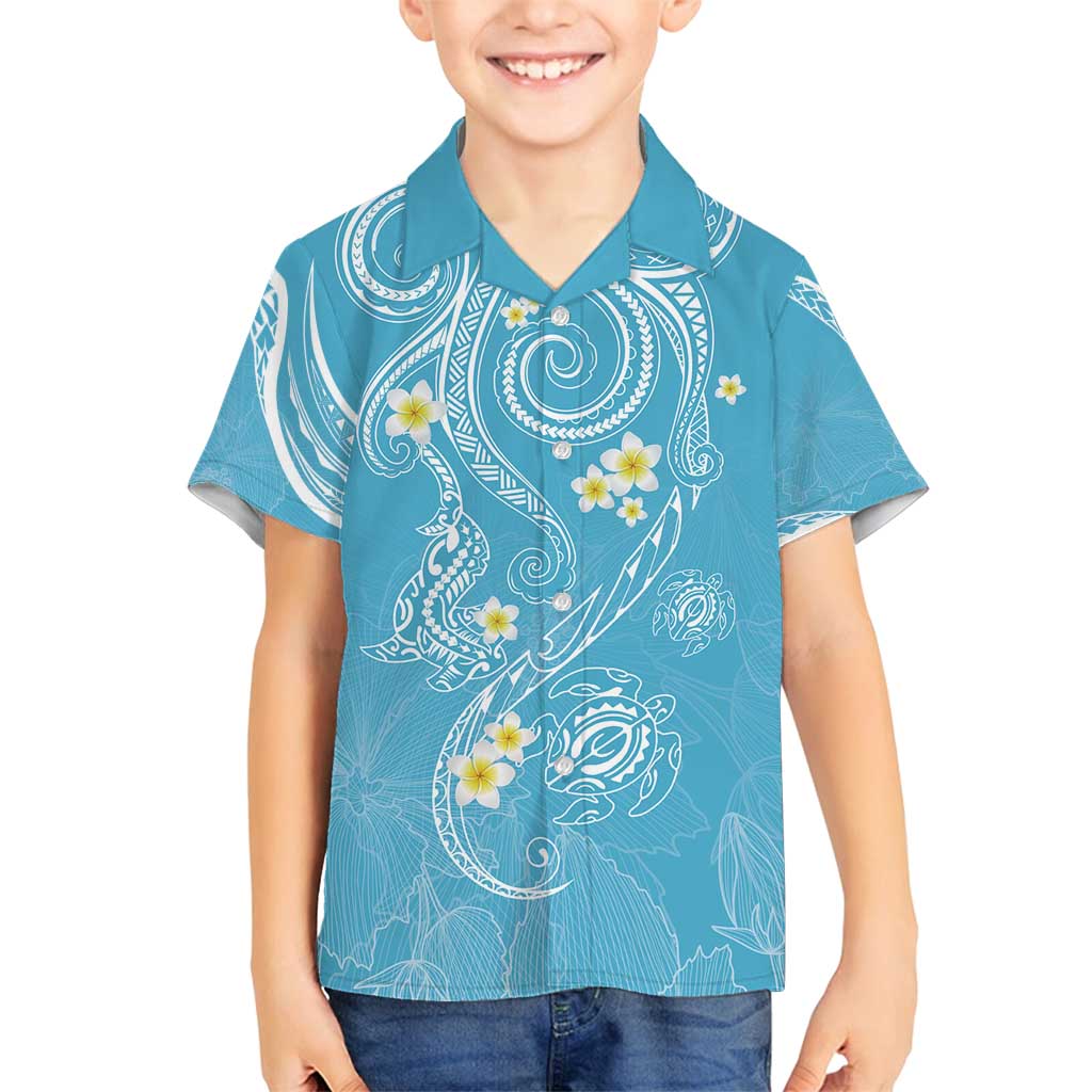 Polynesia Tribal Family Matching Tank Maxi Dress and Hawaiian Shirt Turquoise Plumeria Tentacles