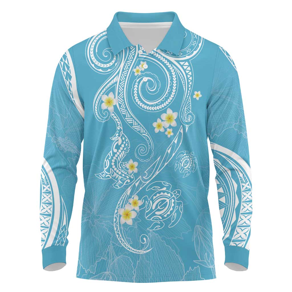 Polynesia Tribal Long Sleeve Polo Shirt Turquoise Plumeria Tentacles