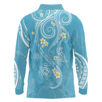 Polynesia Tribal Long Sleeve Polo Shirt Turquoise Plumeria Tentacles