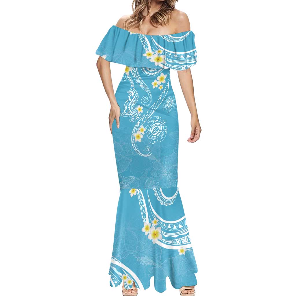 Polynesia Tribal Mermaid Dress Turquoise Plumeria Tentacles