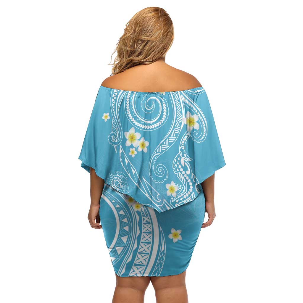 Polynesia Tribal Off Shoulder Short Dress Turquoise Plumeria Tentacles LT7 - Polynesian Pride