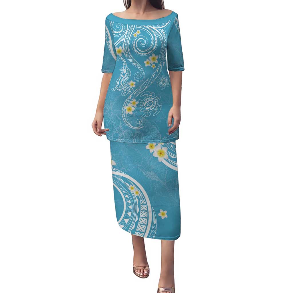 Polynesia Tribal Puletasi Turquoise Plumeria Tentacles LT7 Long Dress Turquoise - Polynesian Pride