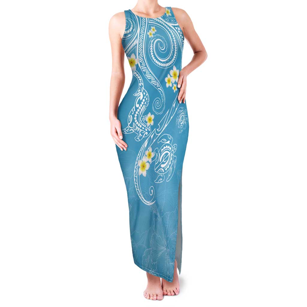 Polynesia Tribal Tank Maxi Dress Turquoise Plumeria Tentacles LT7 Women Turquoise - Polynesian Pride