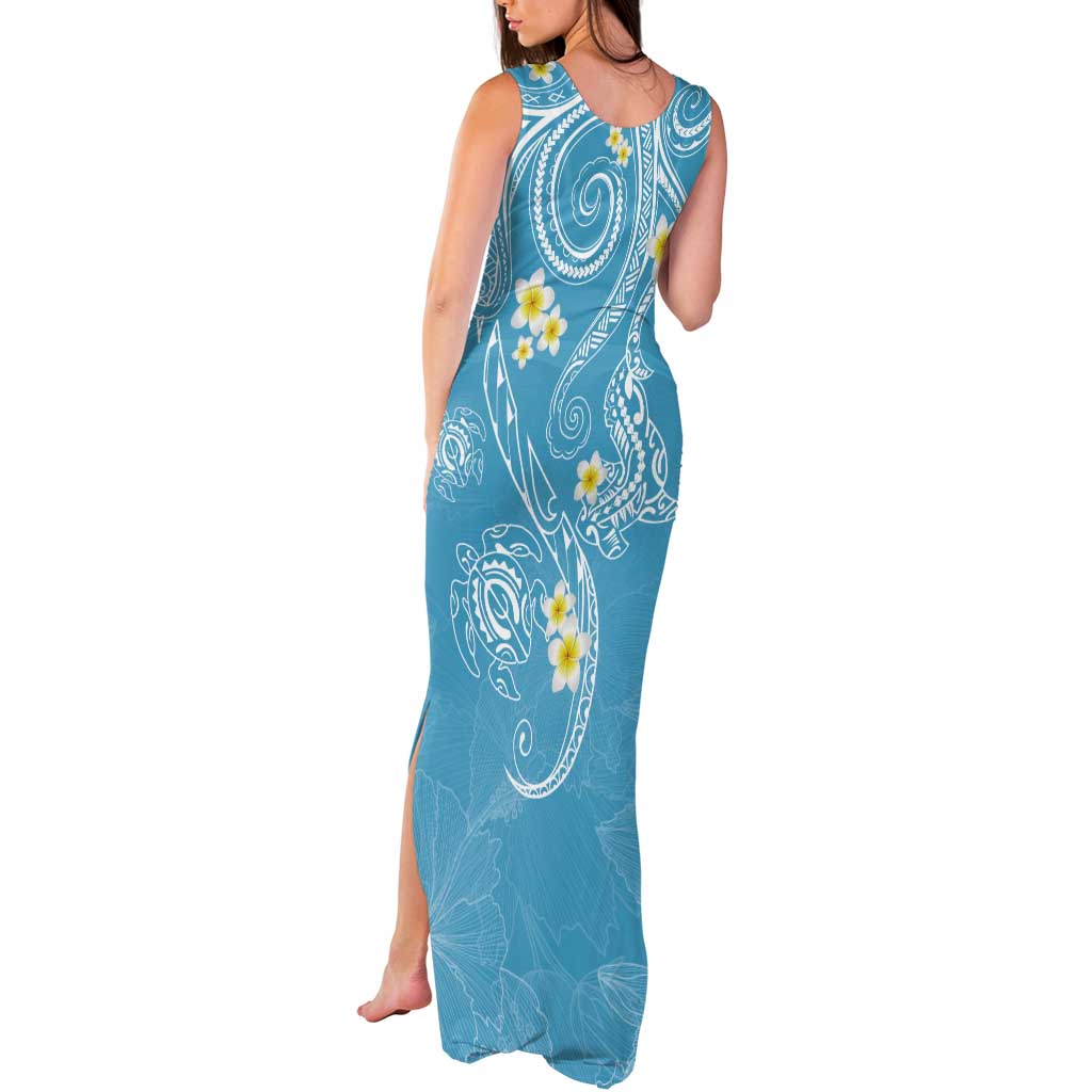 Polynesia Tribal Tank Maxi Dress Turquoise Plumeria Tentacles LT7 - Polynesian Pride