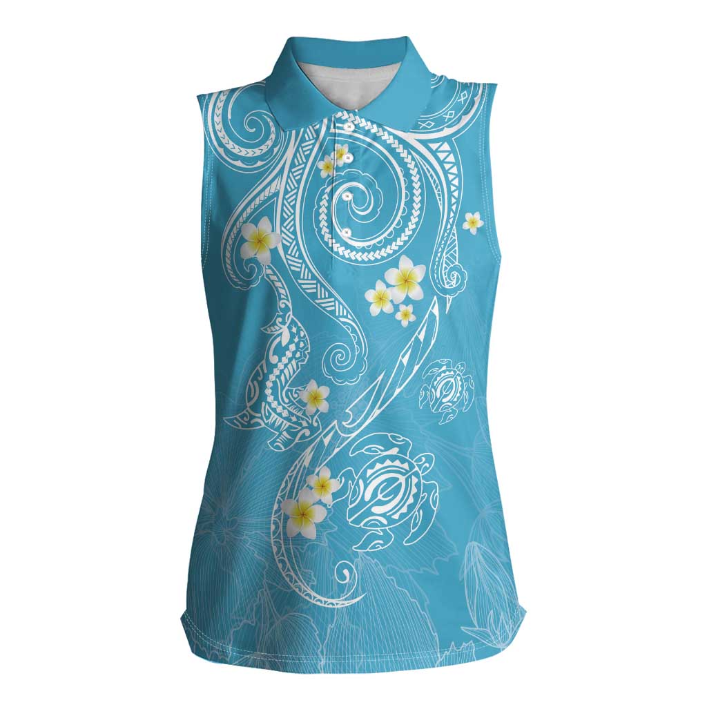 Polynesia Tribal Women Sleeveless Polo Shirt Turquoise Plumeria Tentacles