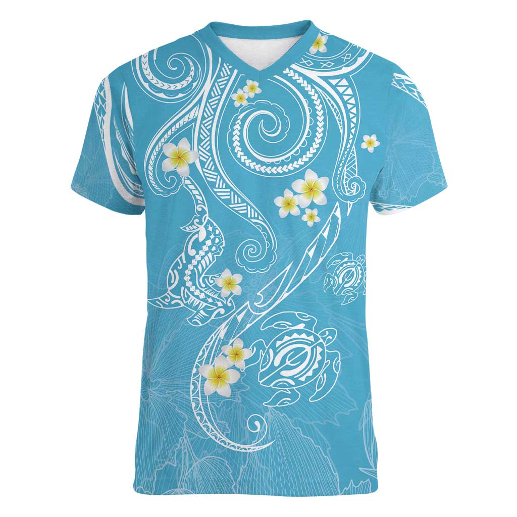 Polynesia Tribal Women V-Neck T-Shirt Turquoise Plumeria Tentacles LT7 Female Turquoise - Polynesian Pride