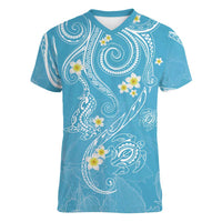 Polynesia Tribal Women V-Neck T-Shirt Turquoise Plumeria Tentacles LT7 Female Turquoise - Polynesian Pride