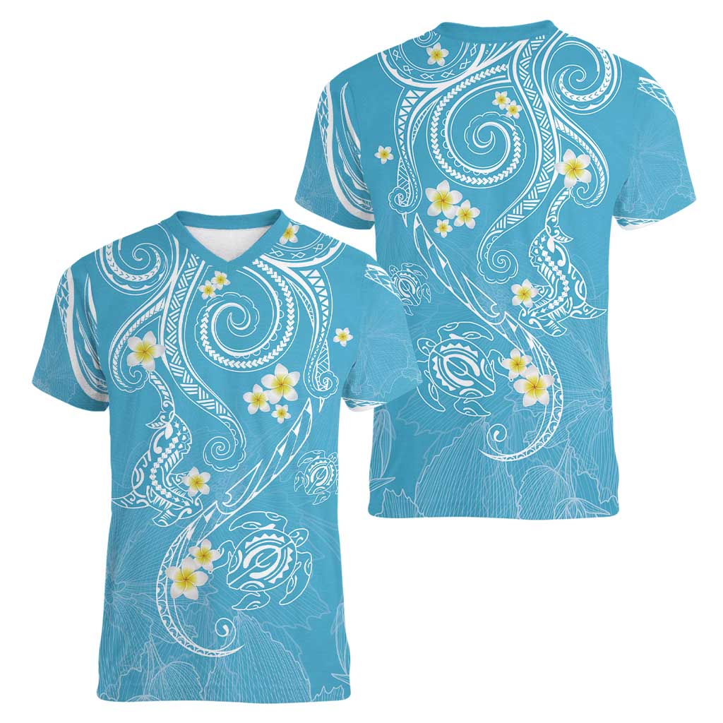 Polynesia Tribal Women V-Neck T-Shirt Turquoise Plumeria Tentacles LT7 - Polynesian Pride