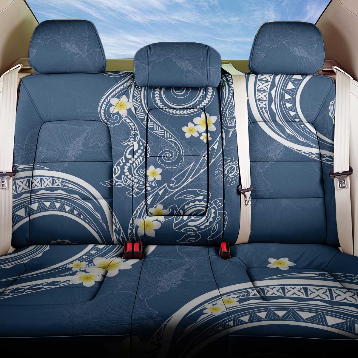 Polynesia Tribal Back Car Seat Cover Deep Blue Plumeria Tentacles