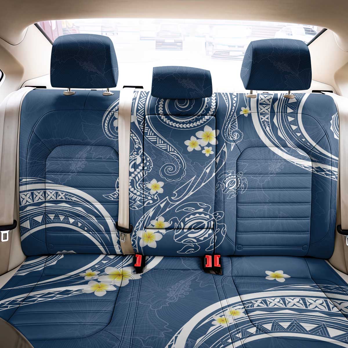 Polynesia Tribal Back Car Seat Cover Deep Blue Plumeria Tentacles