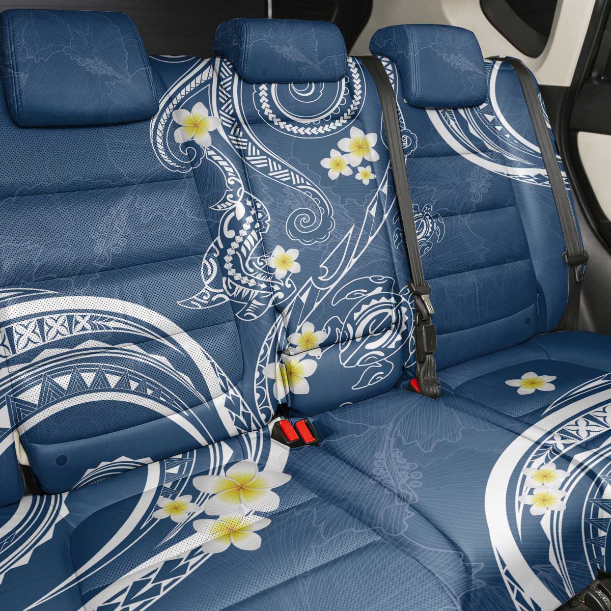 Polynesia Tribal Back Car Seat Cover Deep Blue Plumeria Tentacles