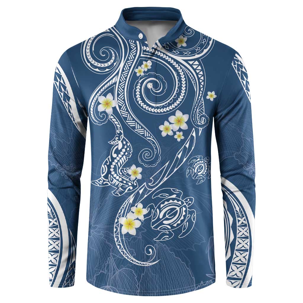 Polynesia Tribal Button Sweatshirt Deep Blue Plumeria Tentacles LT7 Blue - Polynesian Pride