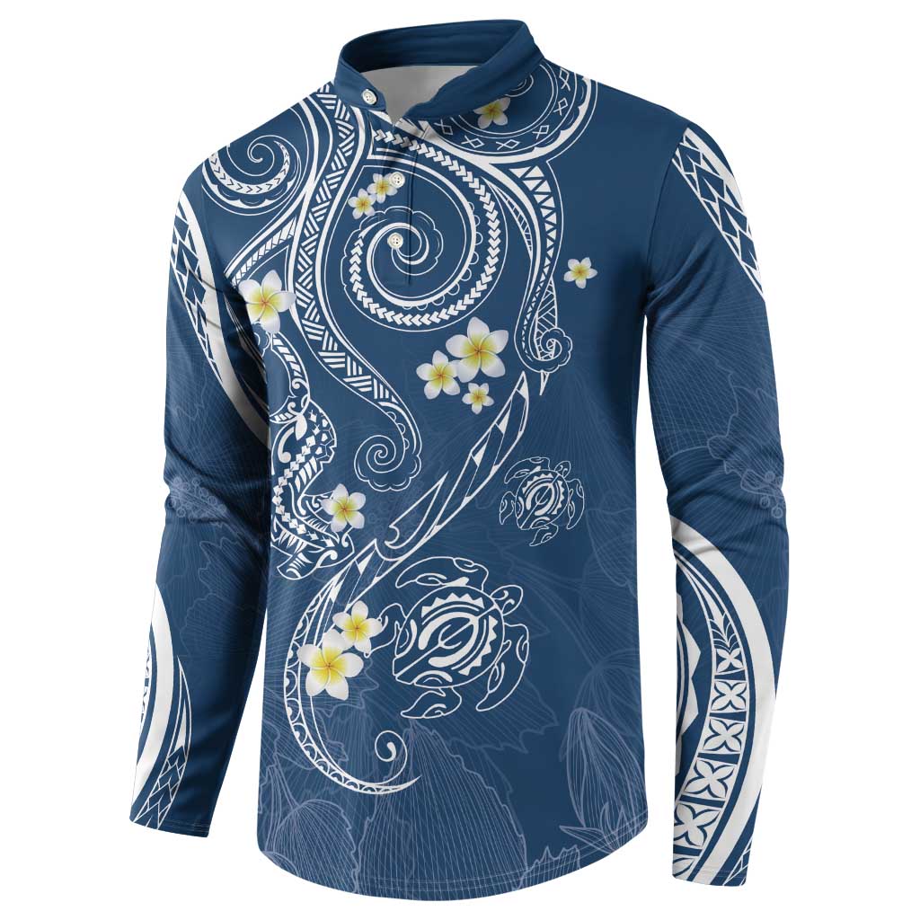 Polynesia Tribal Button Sweatshirt Deep Blue Plumeria Tentacles LT7 - Polynesian Pride