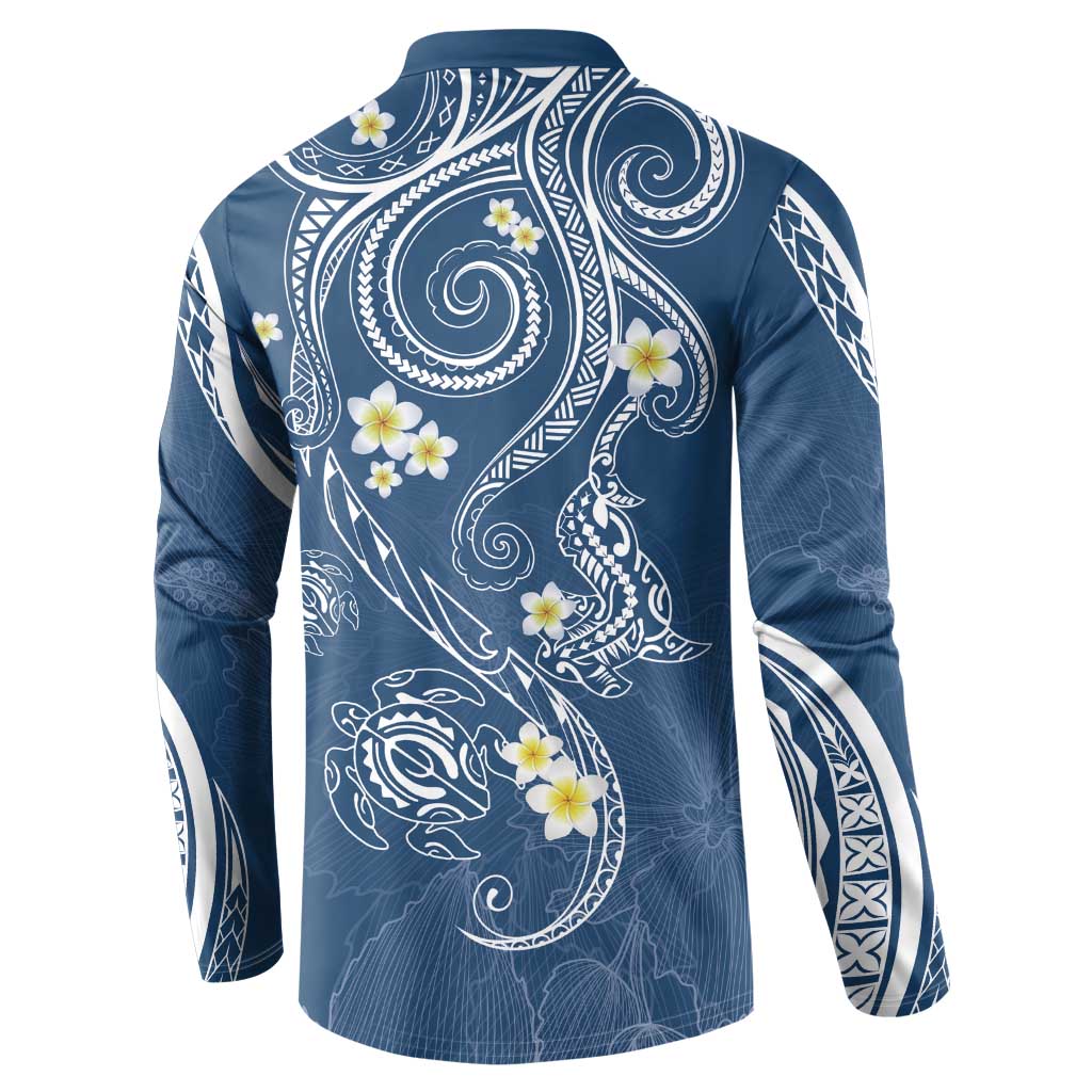Polynesia Tribal Button Sweatshirt Deep Blue Plumeria Tentacles LT7 - Polynesian Pride